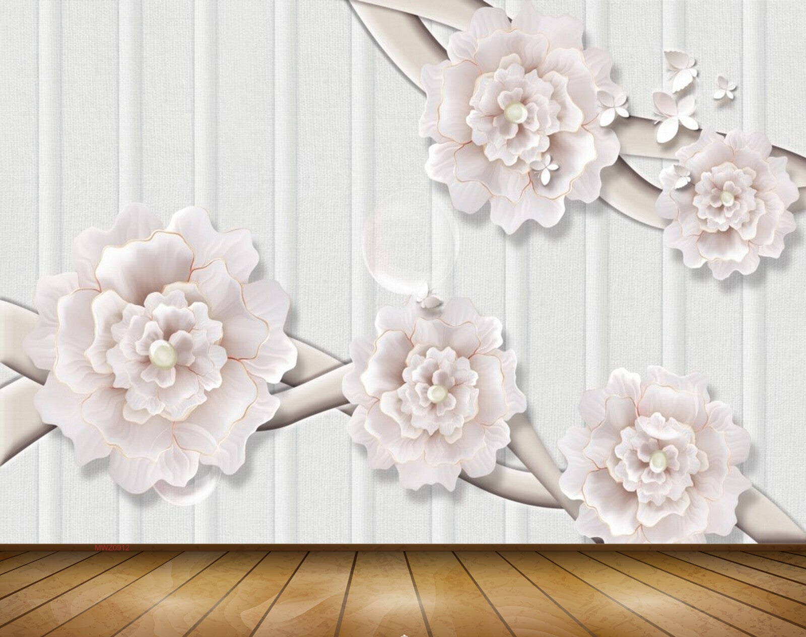 Avikalp MWZ0912 White Flowers Butterflies 3D HD Wallpaper