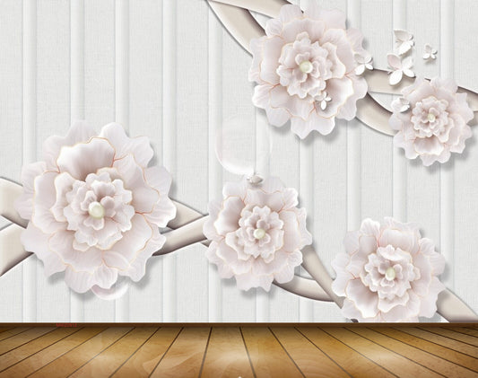 Avikalp MWZ0912 White Flowers Butterflies 3D HD Wallpaper