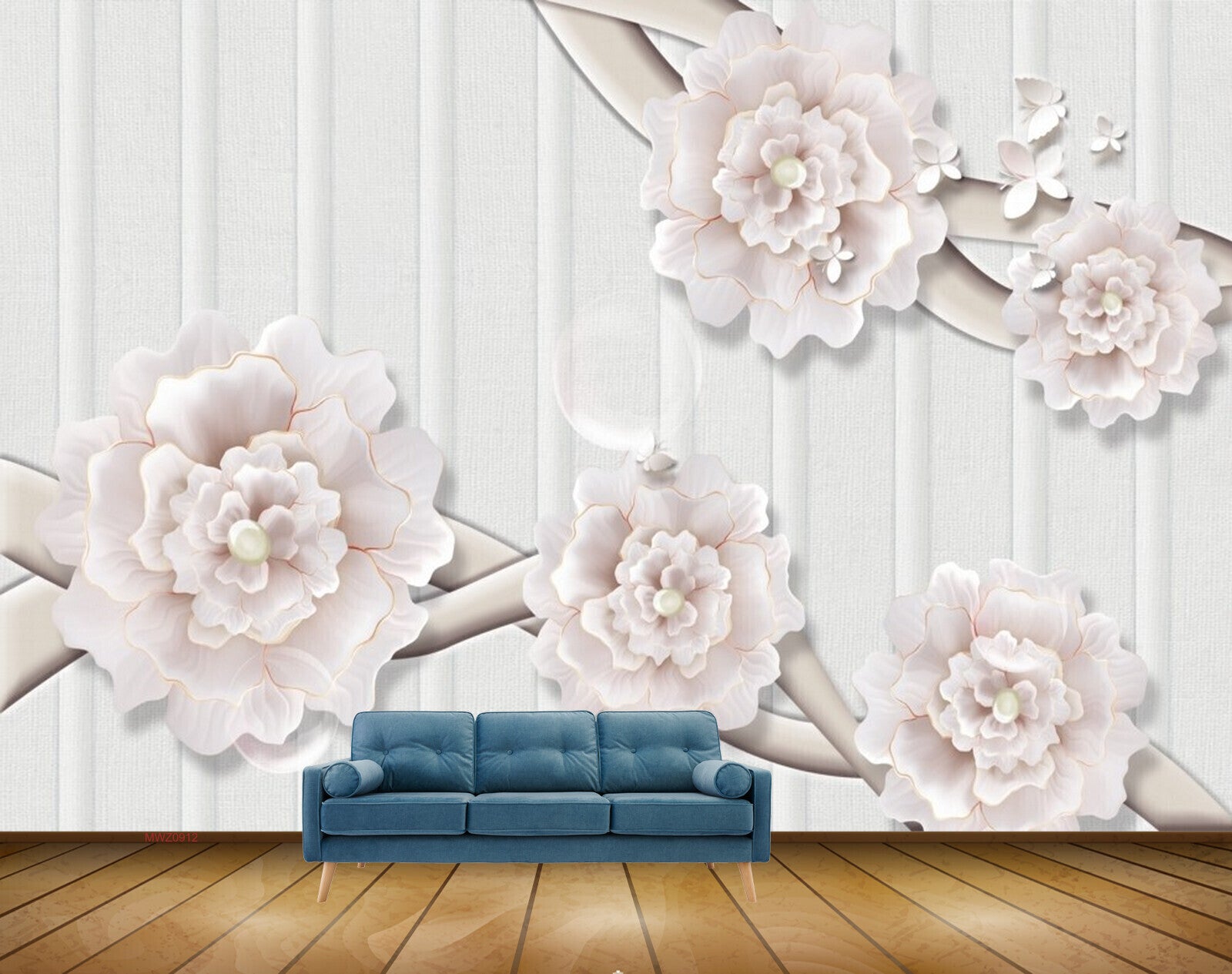 Avikalp MWZ0912 White Flowers Butterflies 3D HD Wallpaper