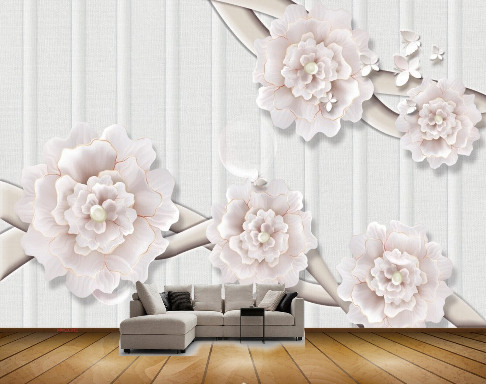 Avikalp MWZ0912 White Flowers Butterflies 3D HD Wallpaper