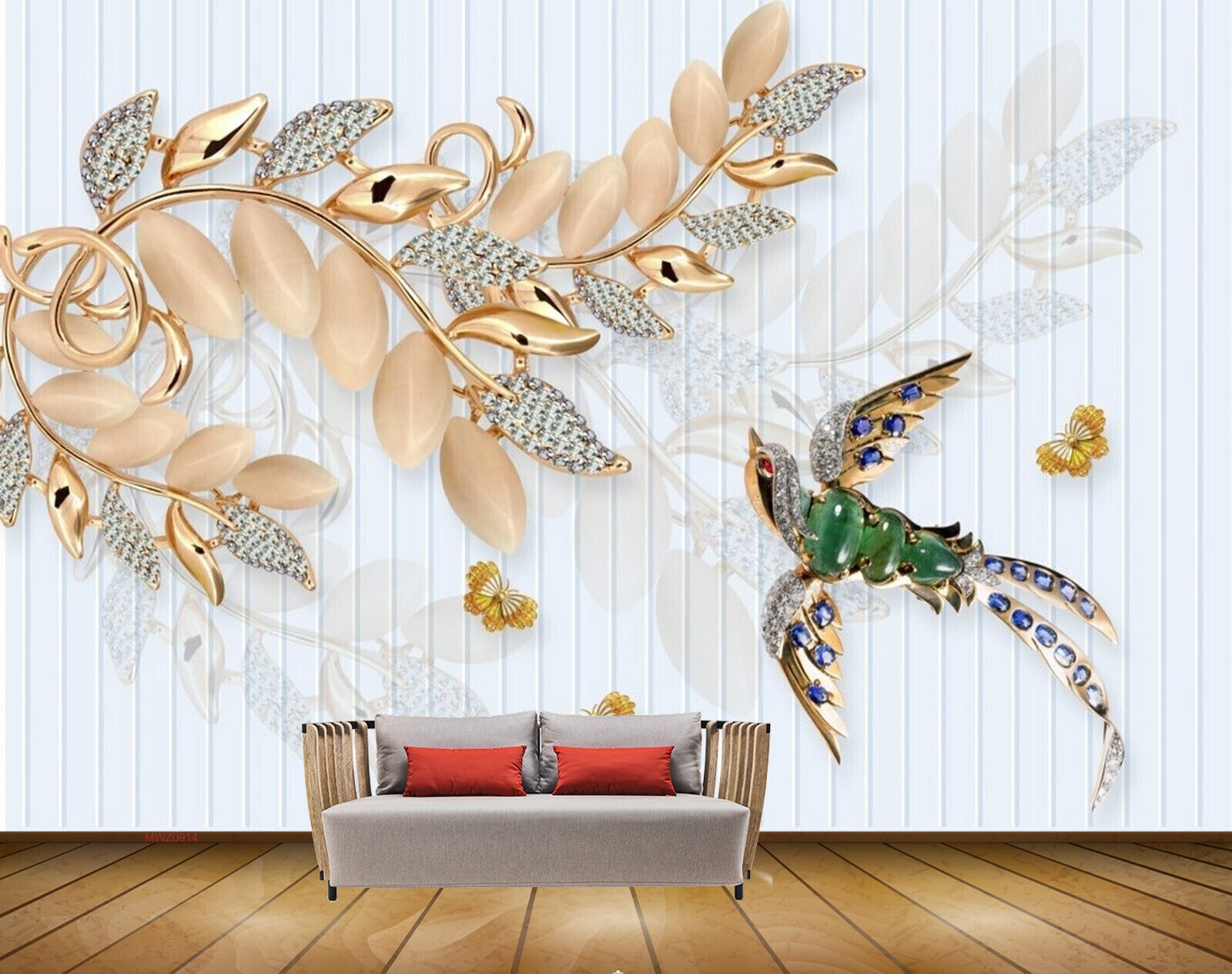 Avikalp MWZ0914 Bird Butterflies Golden Leaves 3D HD Wallpaper
