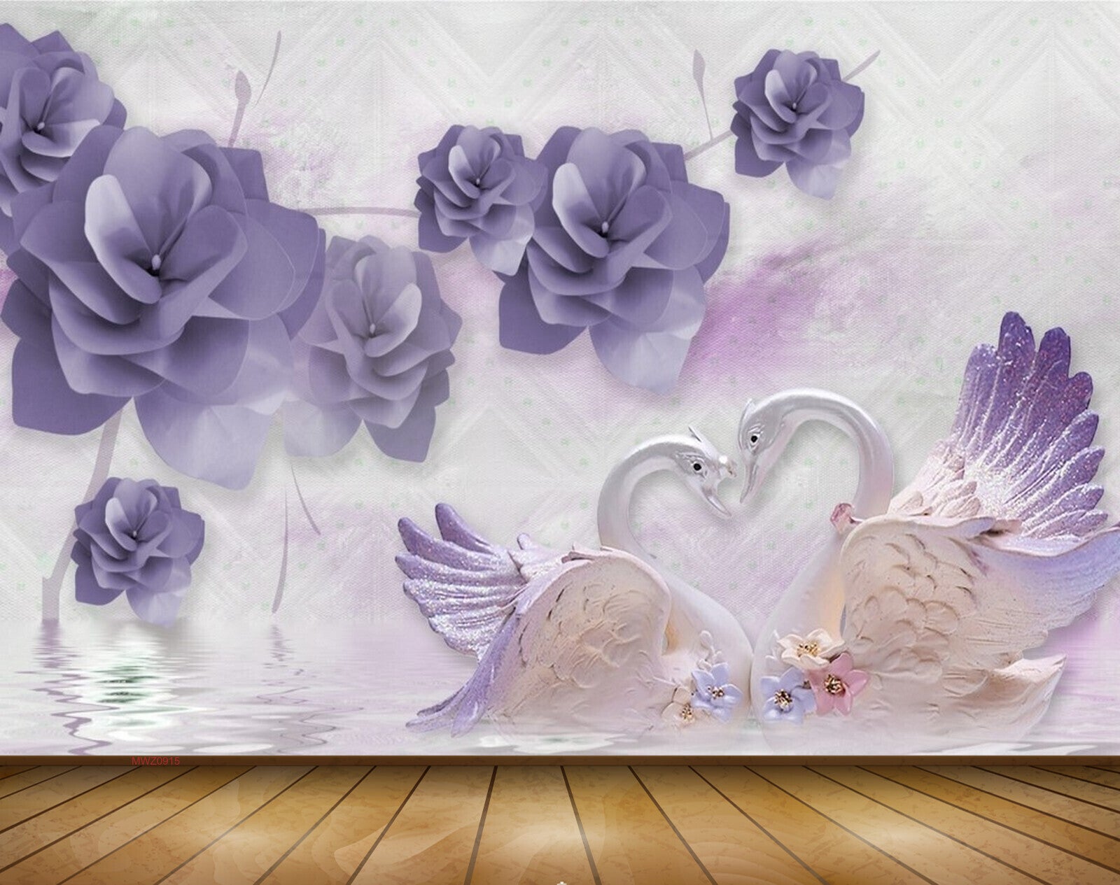 Avikalp MWZ0915 Violet Flowers Swans 3D HD Wallpaper