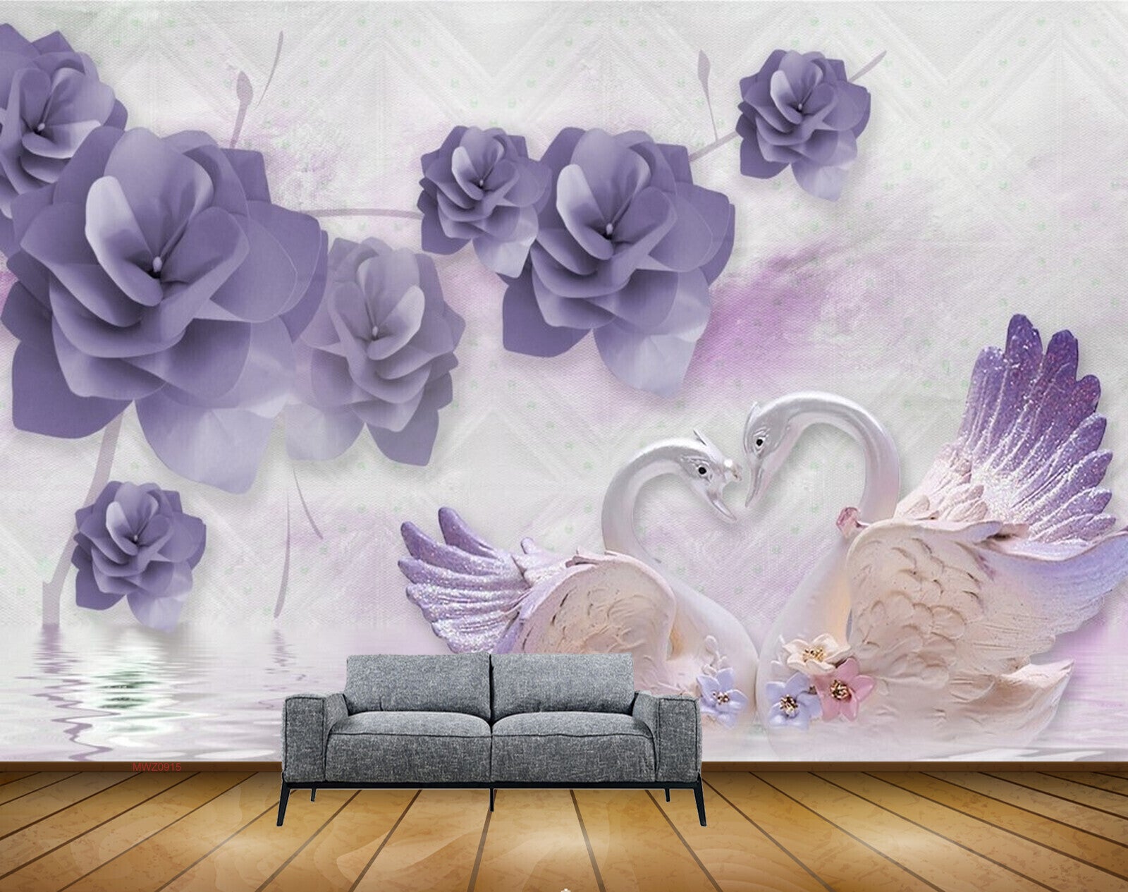 Avikalp MWZ0915 Violet Flowers Swans 3D HD Wallpaper
