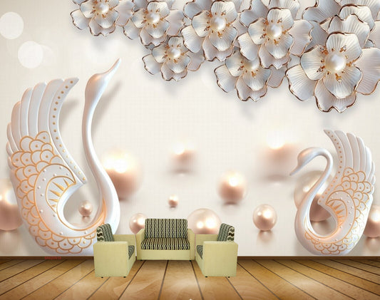 Avikalp MWZ0918 White Flowers Swans HD Wallpaper