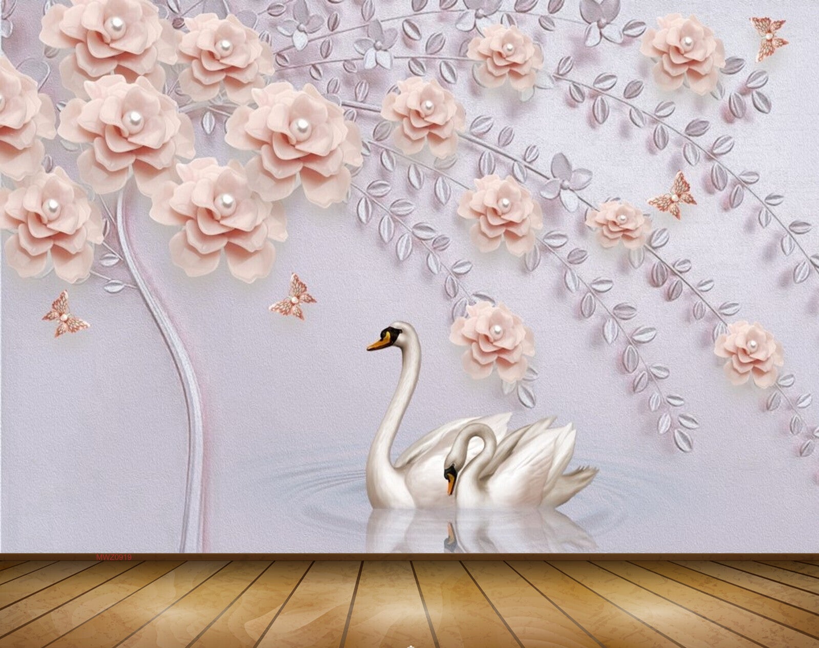 Avikalp MWZ0919 Peach Flowers Cranes 3D HD Wallpaper