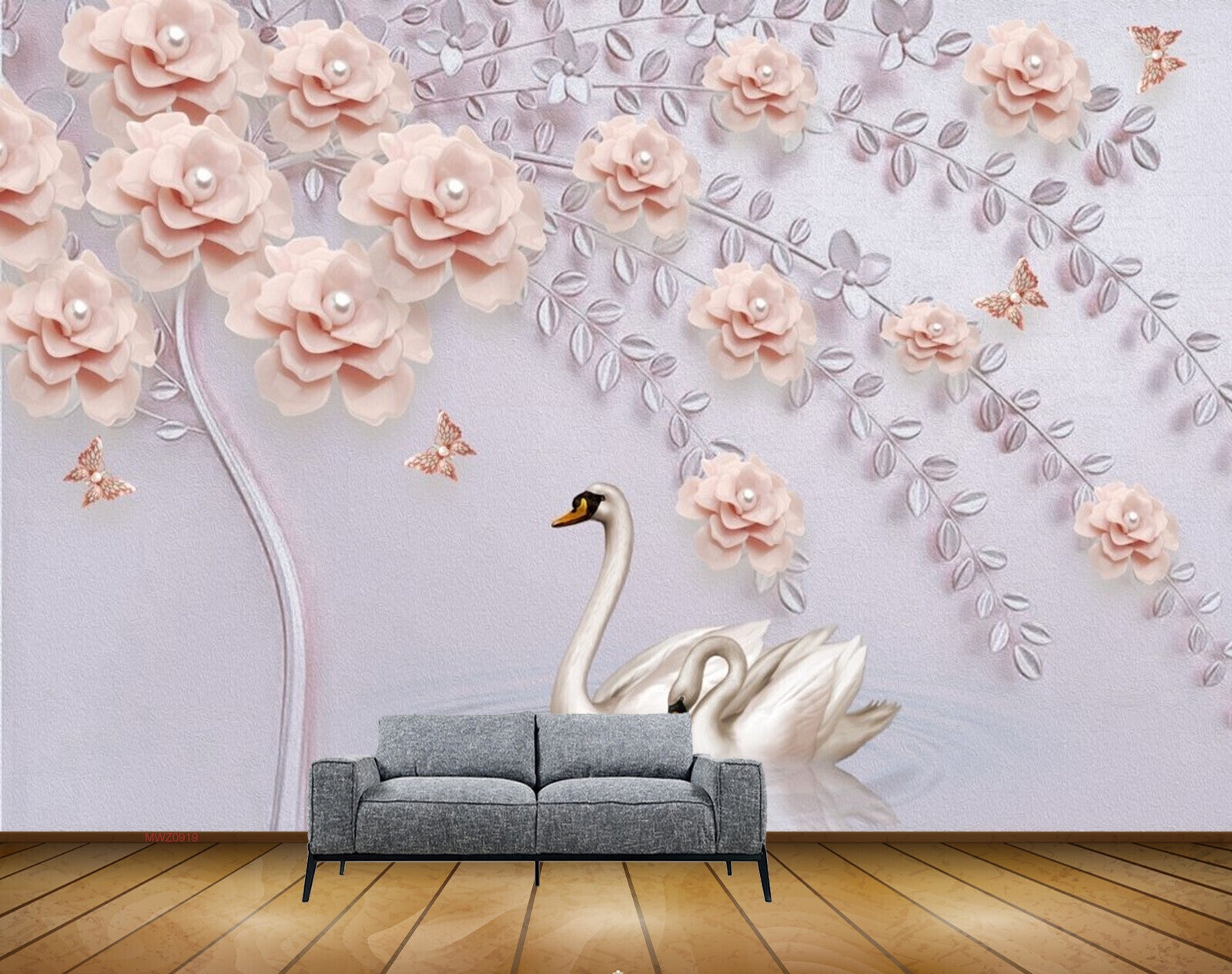 Avikalp MWZ0919 Peach Flowers Cranes 3D HD Wallpaper