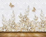 Avikalp MWZ0923 White Golden Flowers Butterflies 3D HD Wallpaper