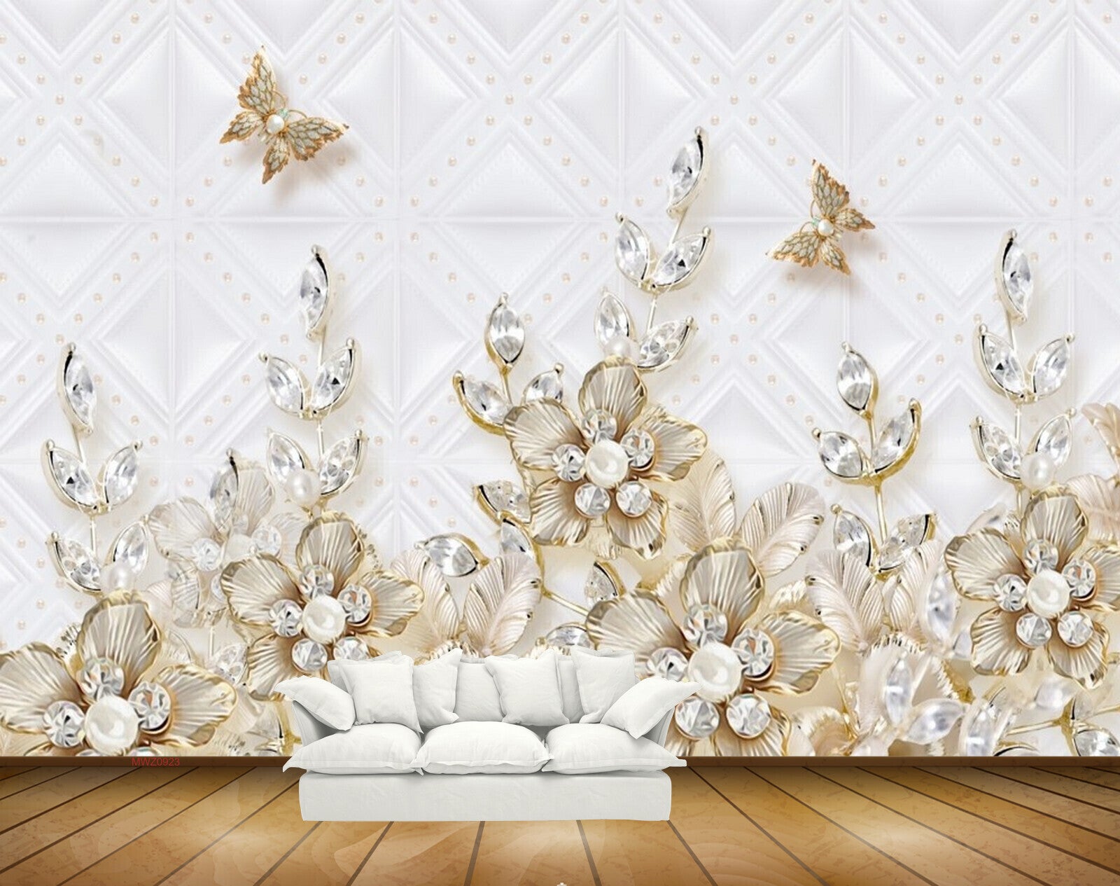 Avikalp MWZ0923 White Golden Flowers Butterflies 3D HD Wallpaper