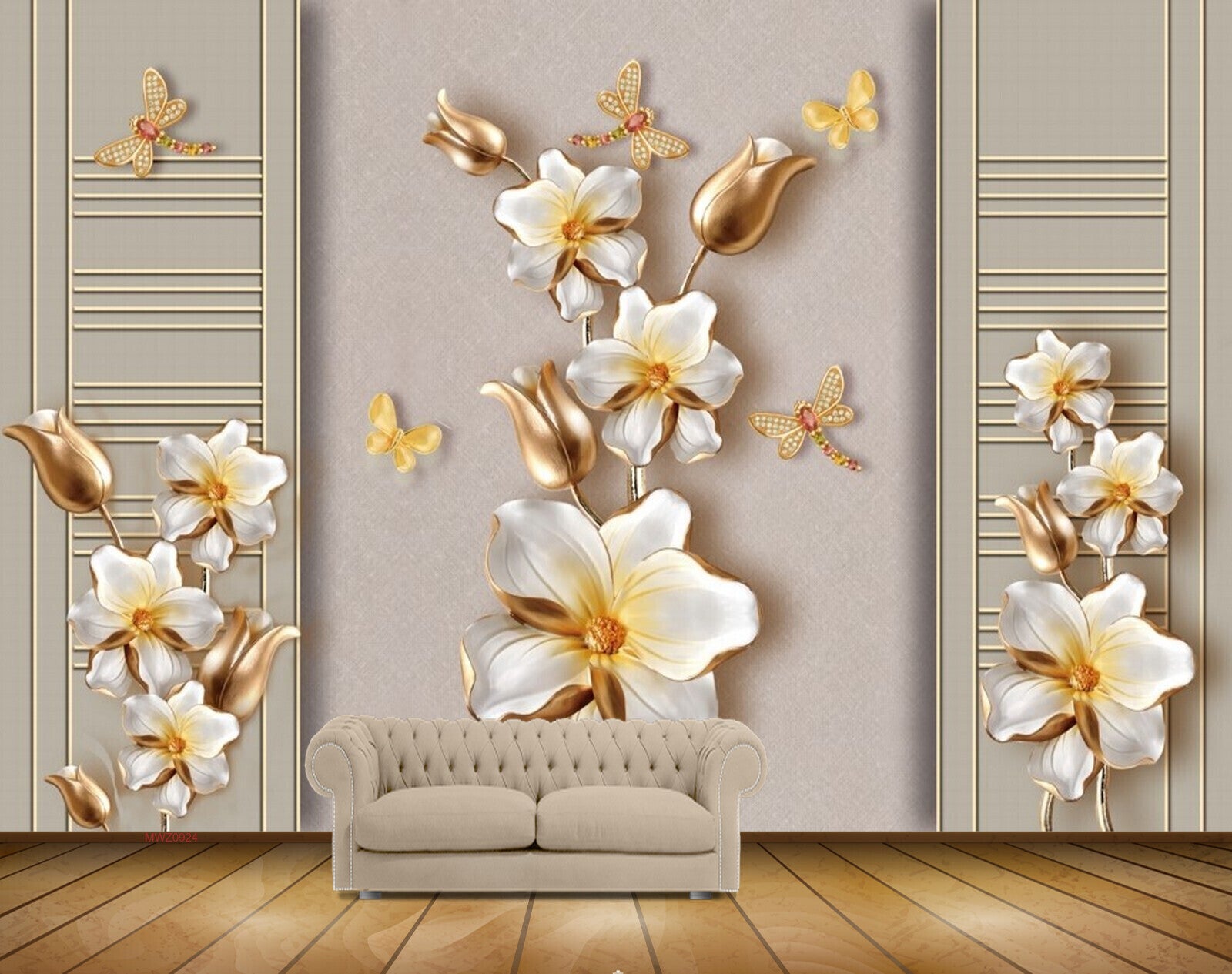 Avikalp MWZ0924 White Golden Flowers Butterflies HD Wallpaper