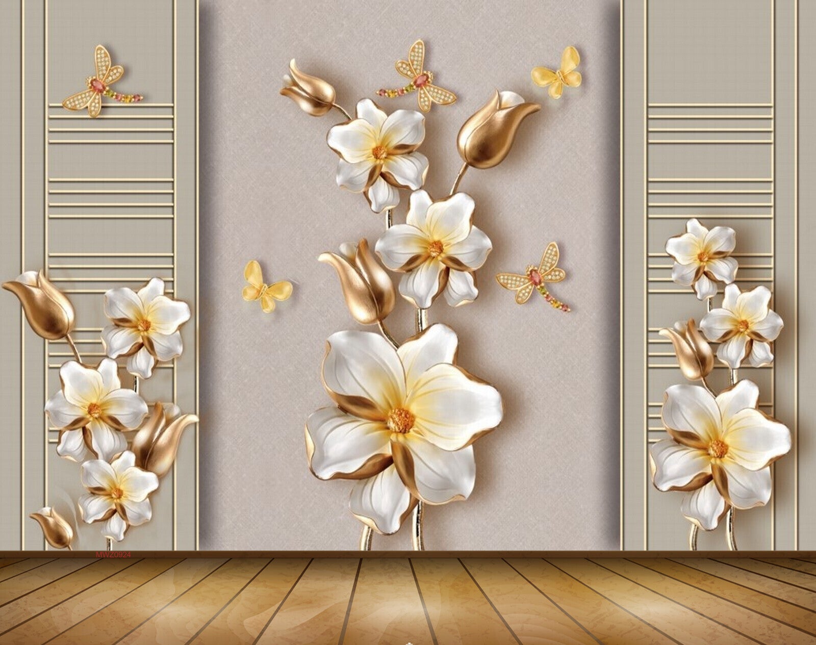 Avikalp MWZ0924 White Golden Flowers Butterflies 3D HD Wallpaper
