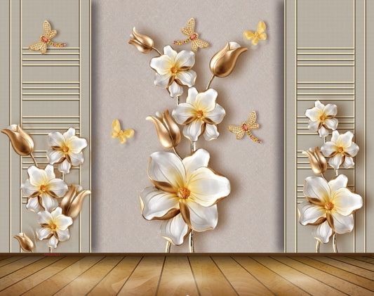 Avikalp MWZ0924 White Golden Flowers Butterflies 3D HD Wallpaper