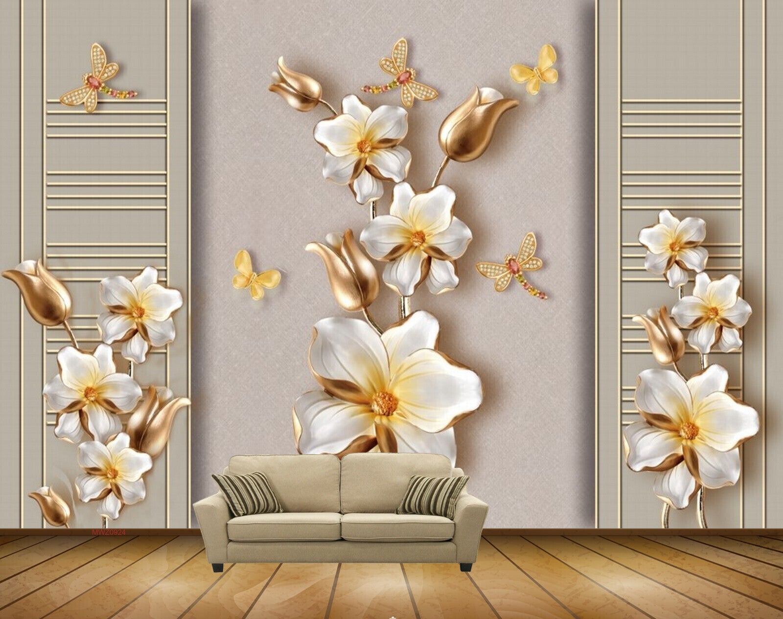 Avikalp MWZ0924 White Golden Flowers Butterflies 3D HD Wallpaper