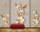 Avikalp MWZ0924 White Golden Flowers Butterflies 3D HD Wallpaper