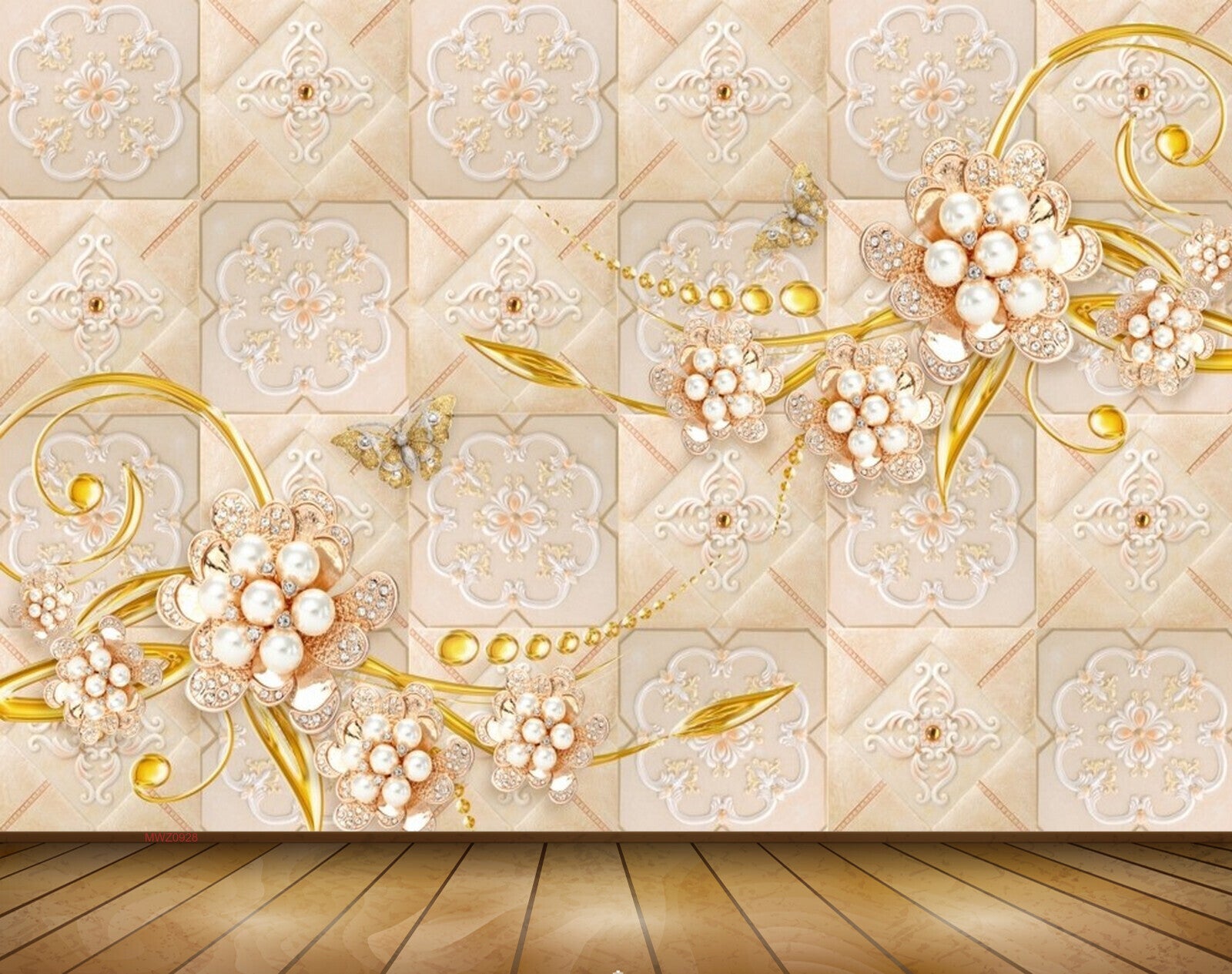 Avikalp MWZ0928 Peach Golden Flowers Butterflies 3D HD Wallpaper