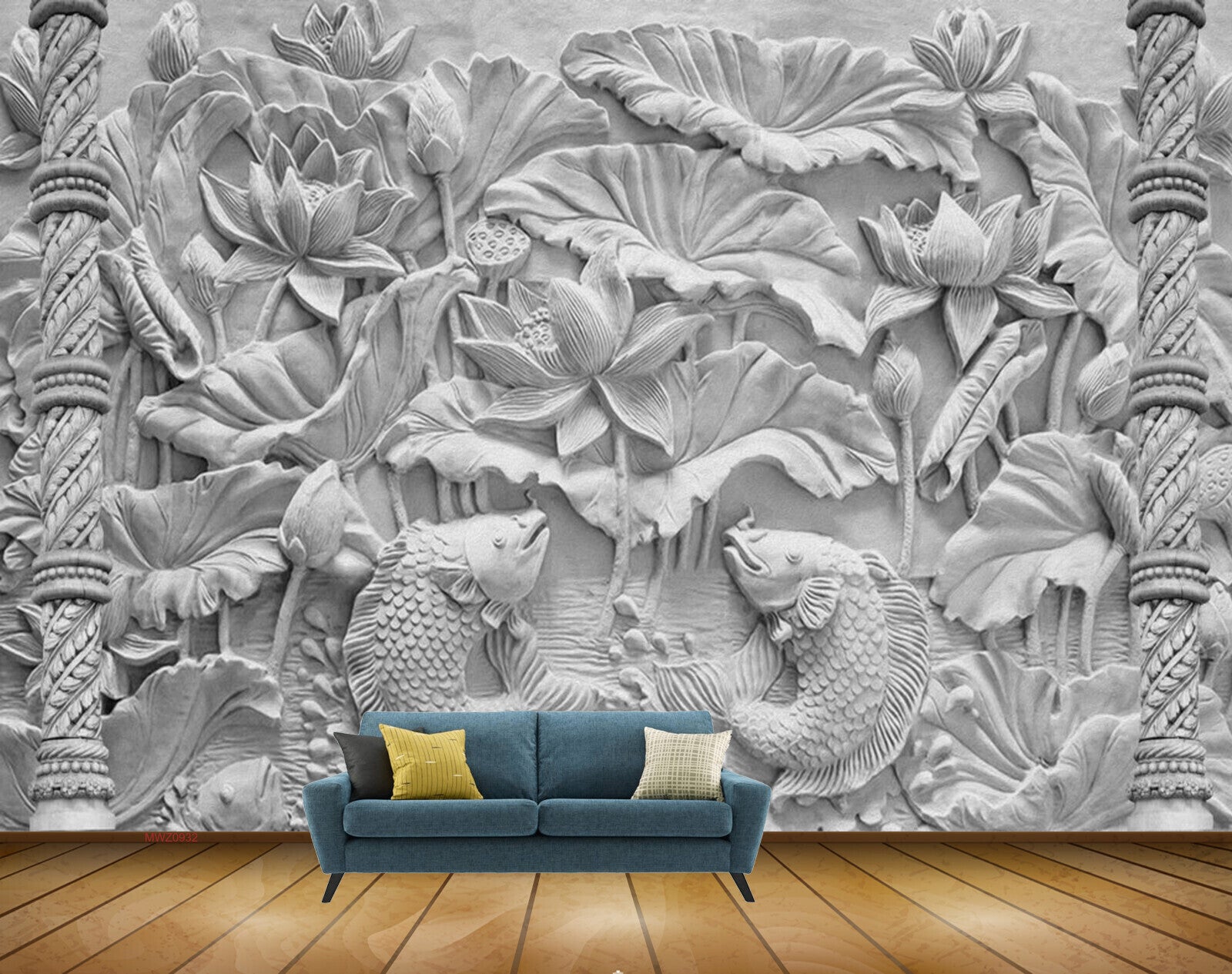 Avikalp MWZ0932 White Lotus Flowers Fishes 3D HD Wallpaper