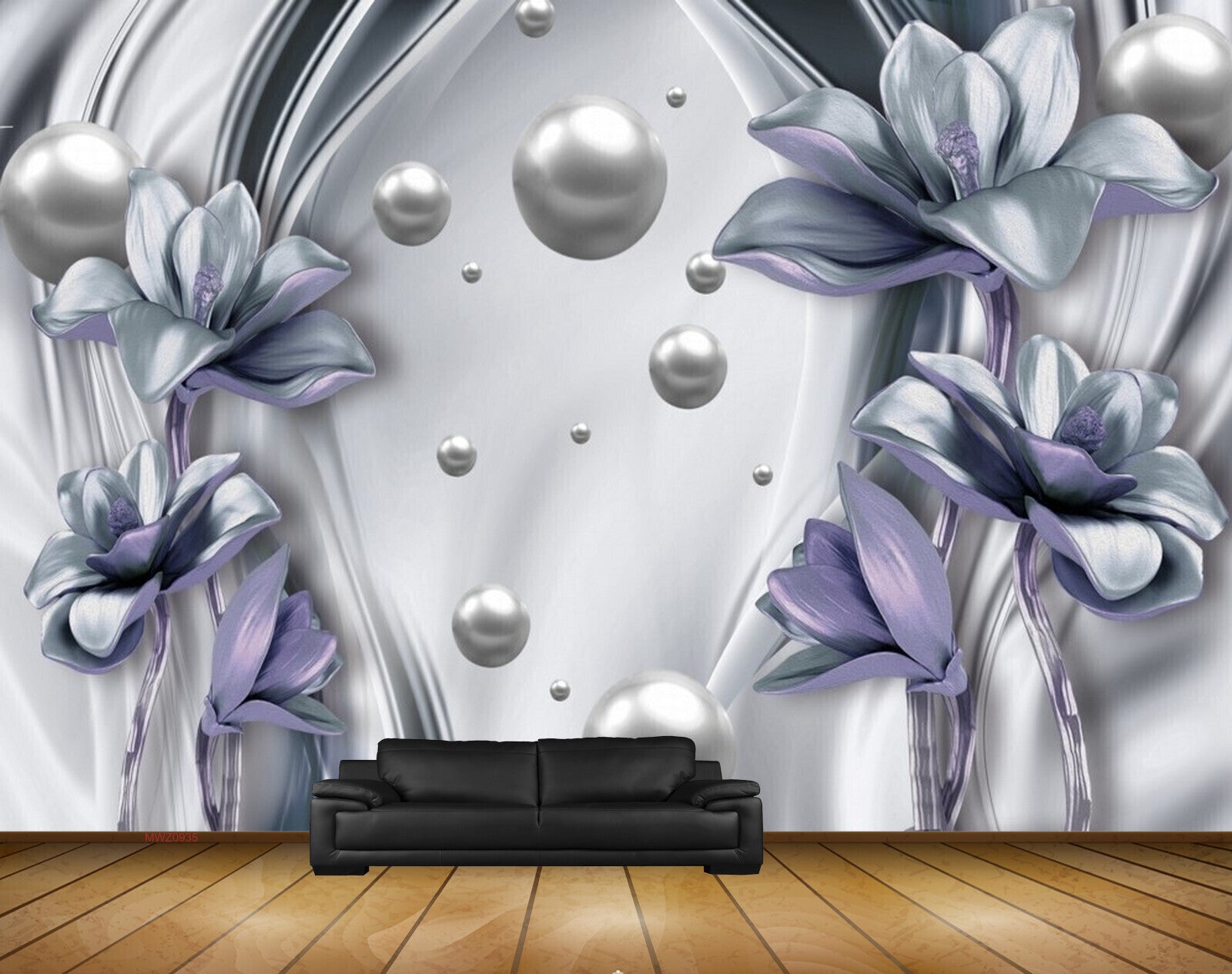 Avikalp MWZ0935 White Blue Flowers Pearls 3D HD Wallpaper