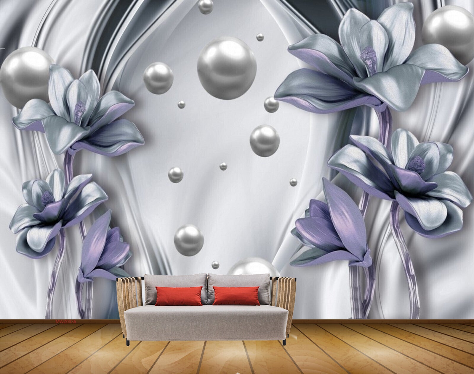 Avikalp MWZ0935 White Blue Flowers Pearls 3D HD Wallpaper