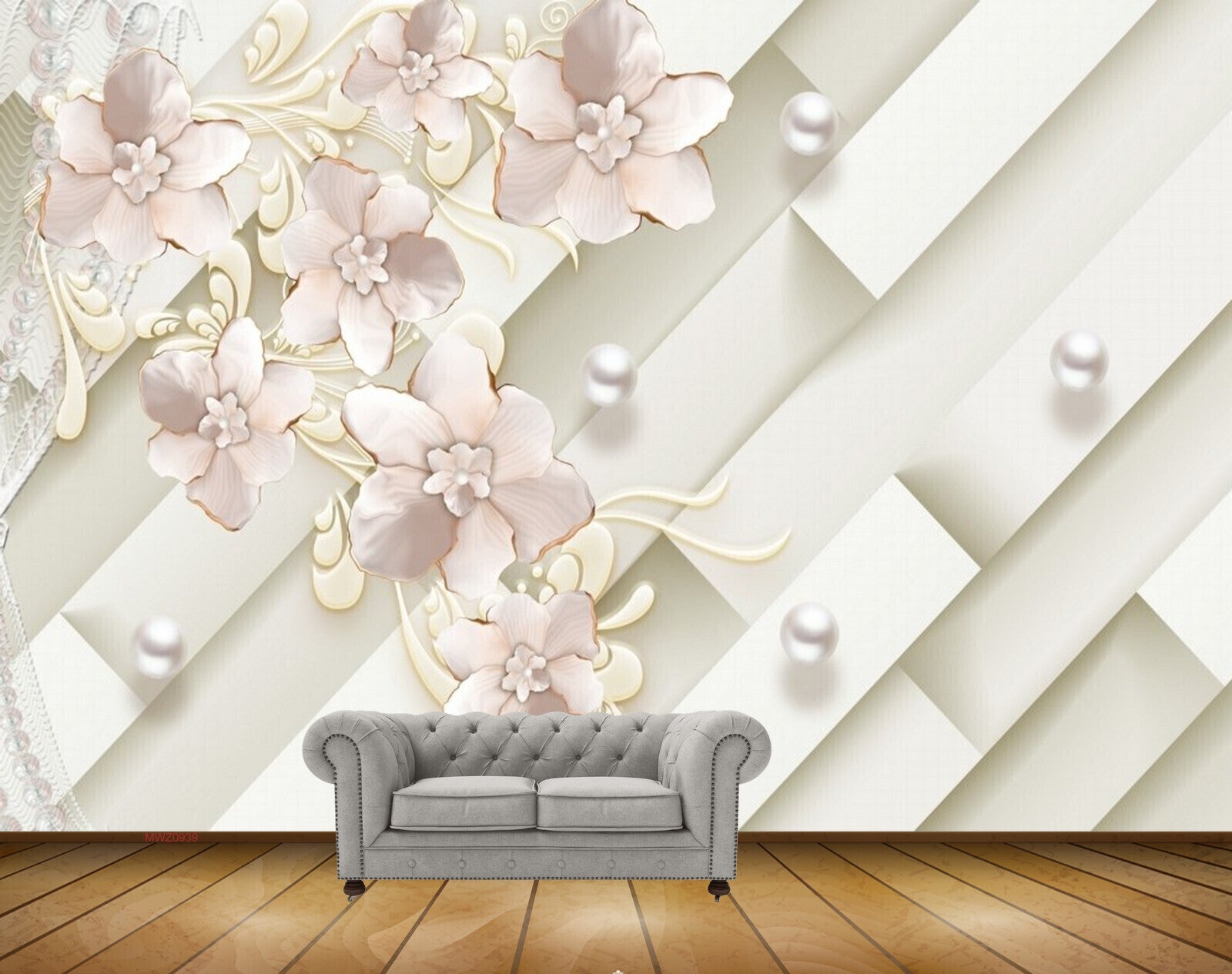 Avikalp MWZ0939 White Pink Flowers Pearls 3D HD Wallpaper