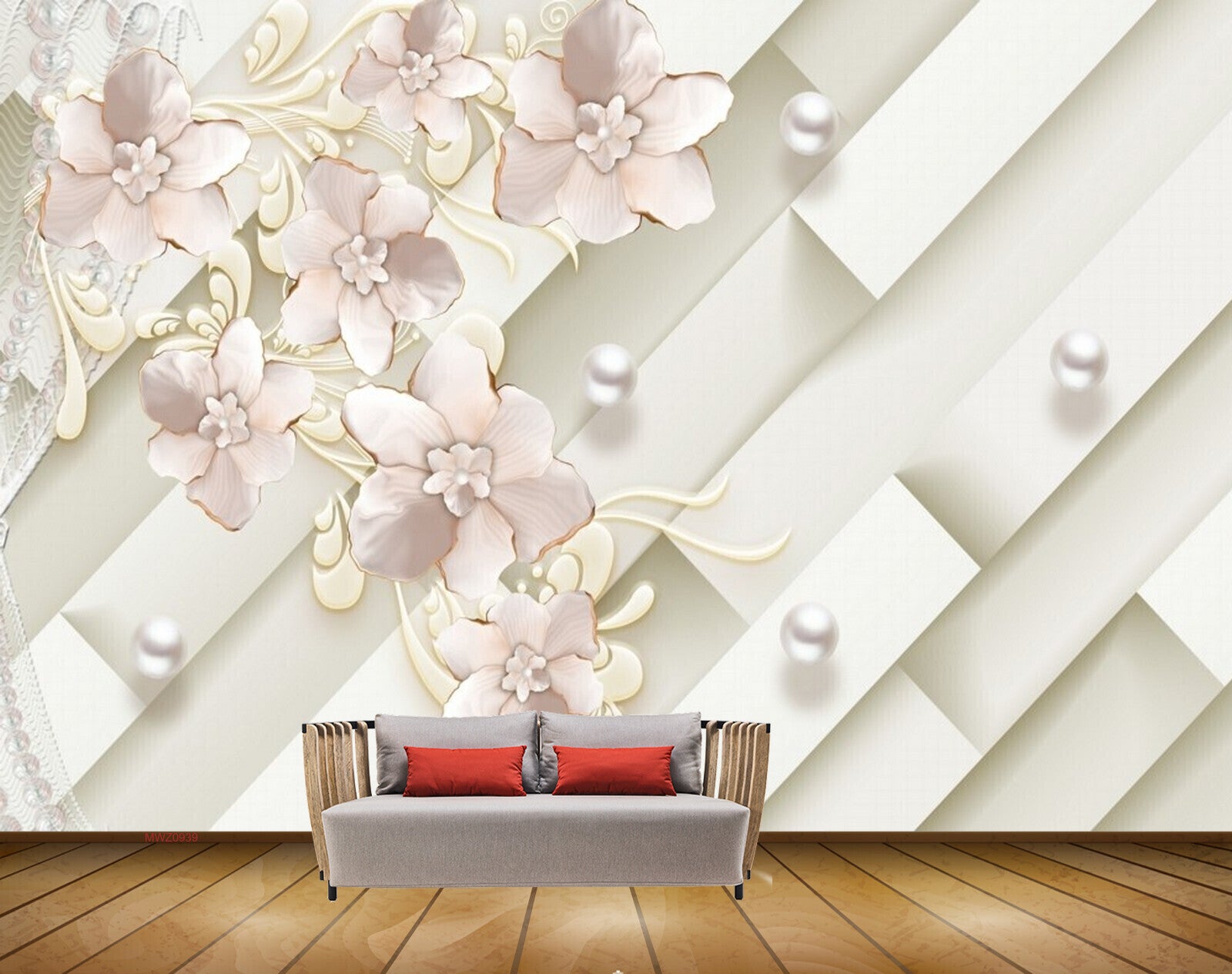 Avikalp MWZ0939 White Pink Flowers Pearls 3D HD Wallpaper