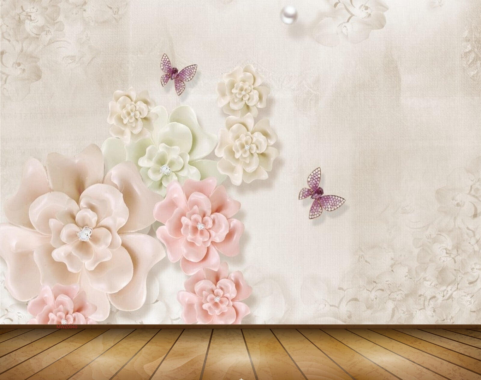 Avikalp MWZ0940 Pink White Flowers Butterflies 3D HD Wallpaper