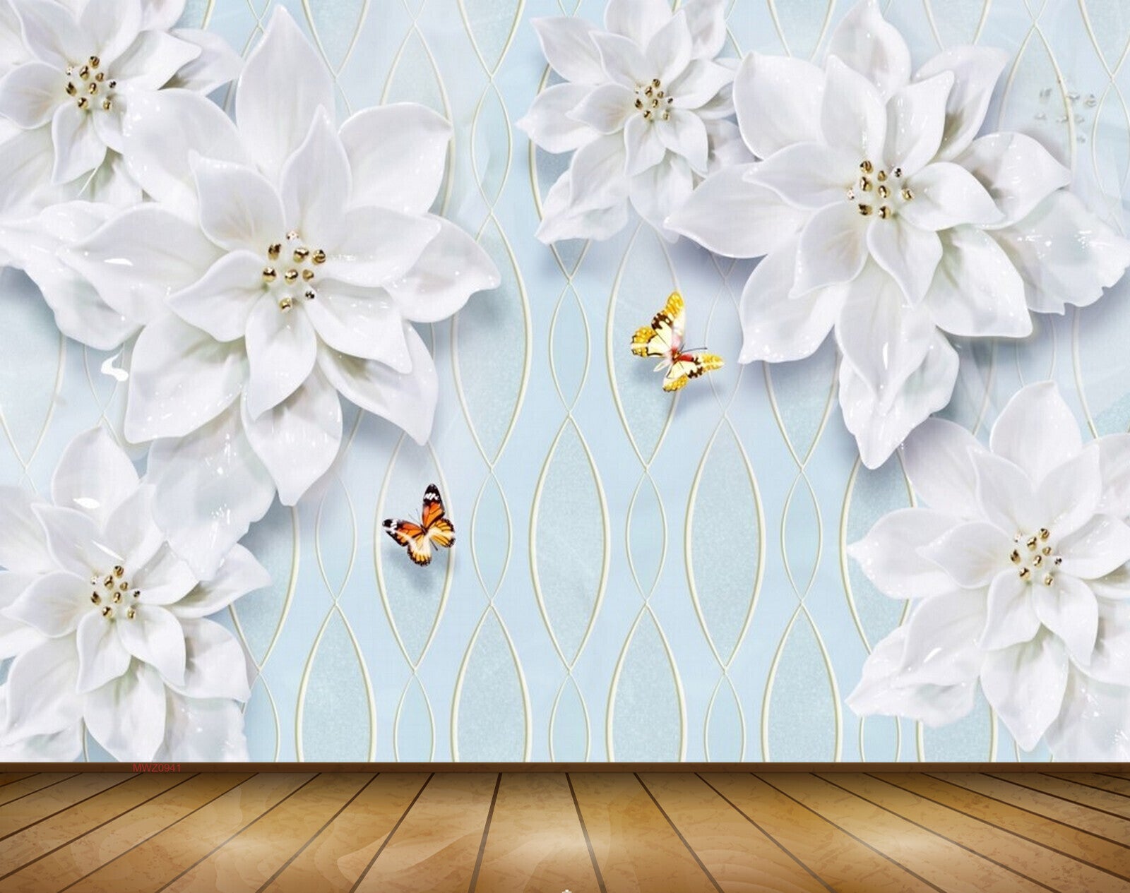 Avikalp MWZ0941 White Flowers Butterflies 3D HD Wallpaper