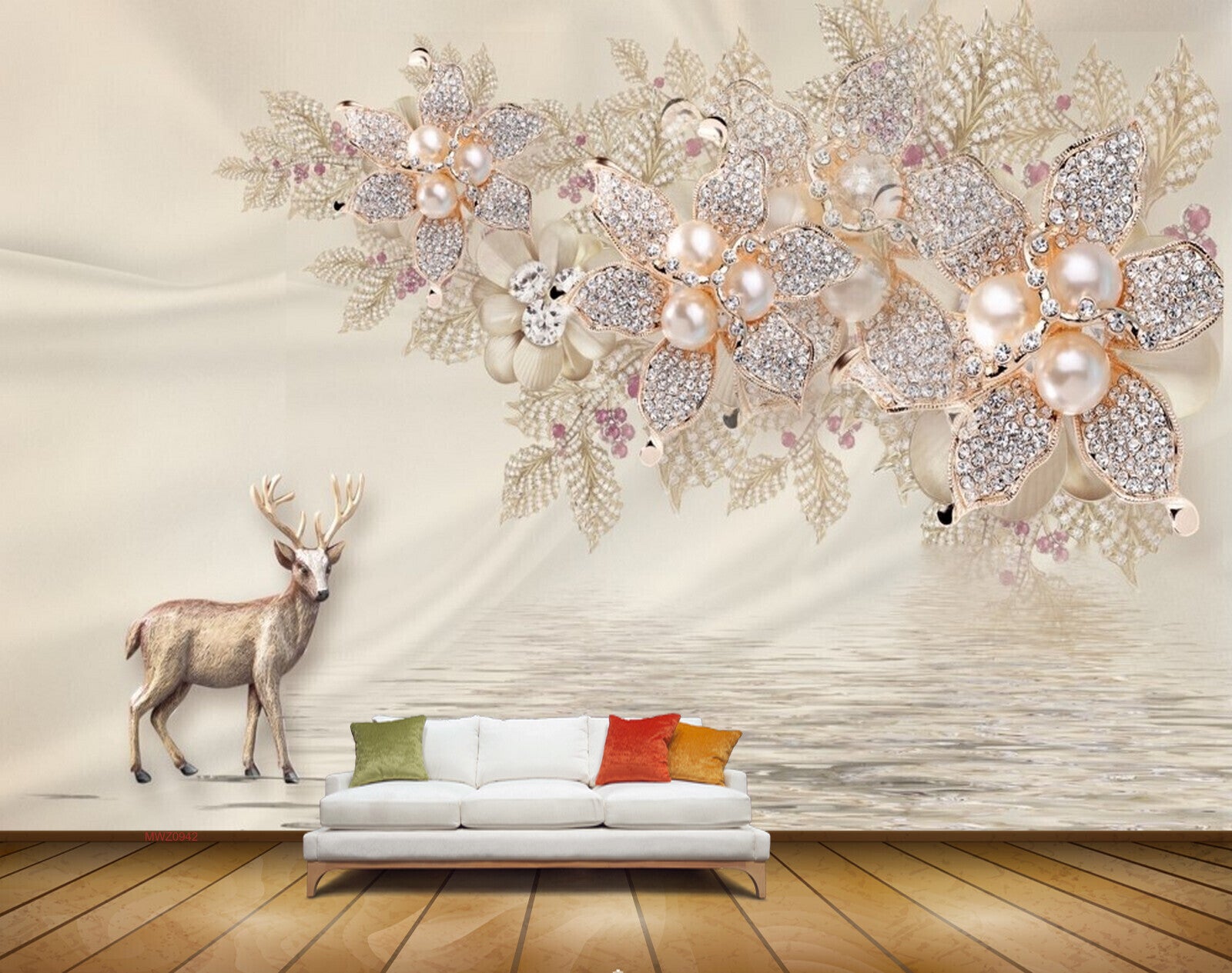 Avikalp MWZ0942 Deer White Golden Flowers HD Wallpaper
