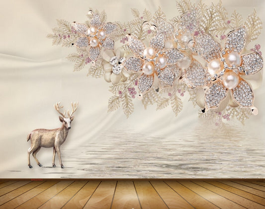 Avikalp MWZ0942 Deer White Golden Flowers 3D HD Wallpaper