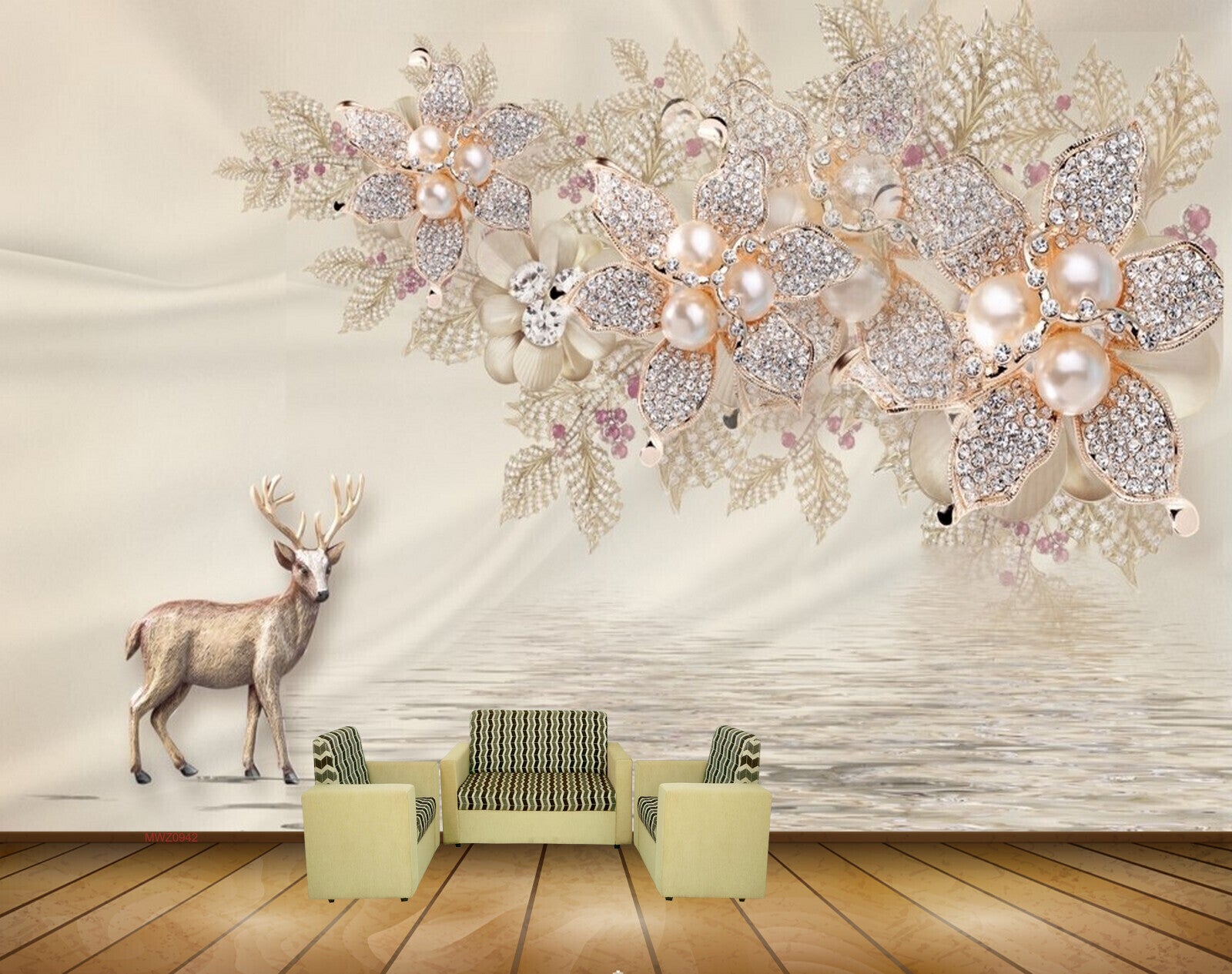 Avikalp MWZ0942 Deer White Golden Flowers 3D HD Wallpaper