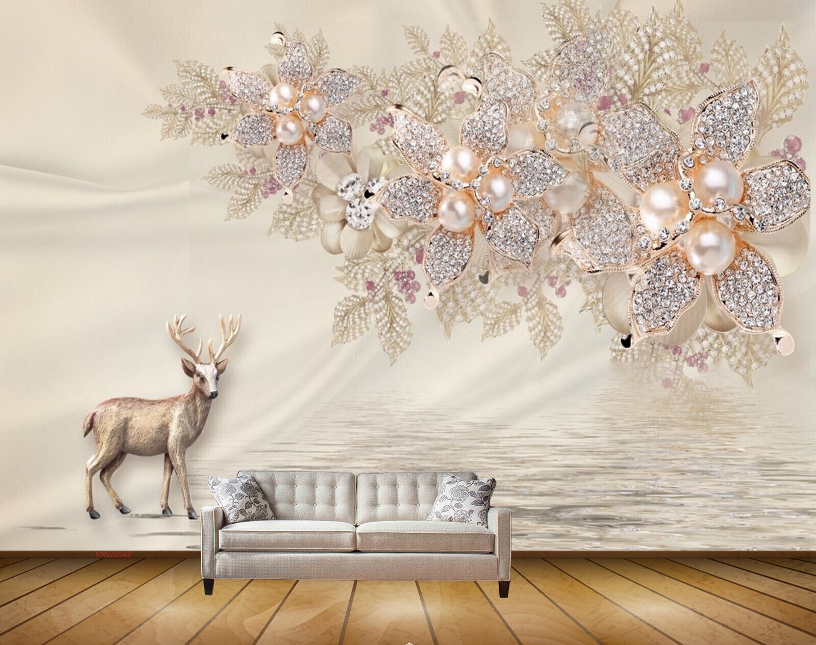 Avikalp MWZ0942 Deer White Golden Flowers 3D HD Wallpaper