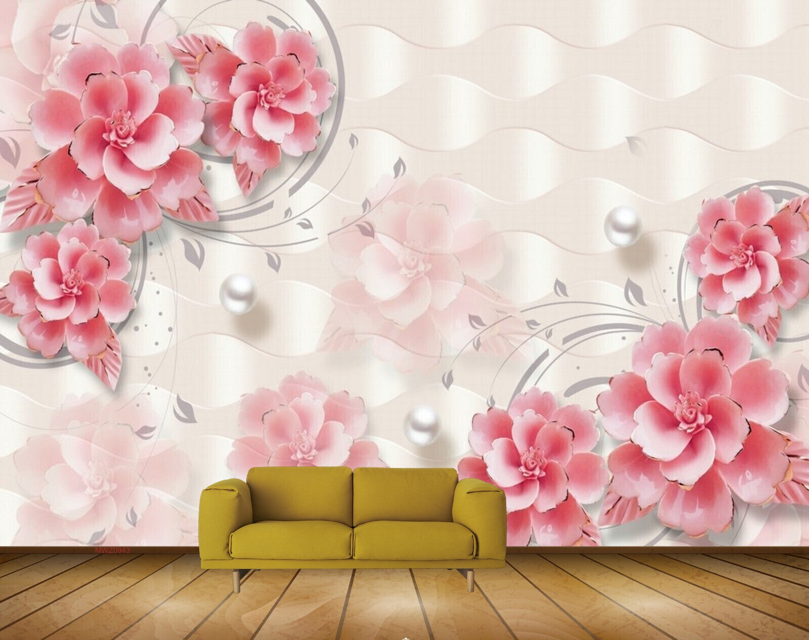 Avikalp MWZ0943 Pink Flowers Pearls Leaves 3D HD Wallpaper