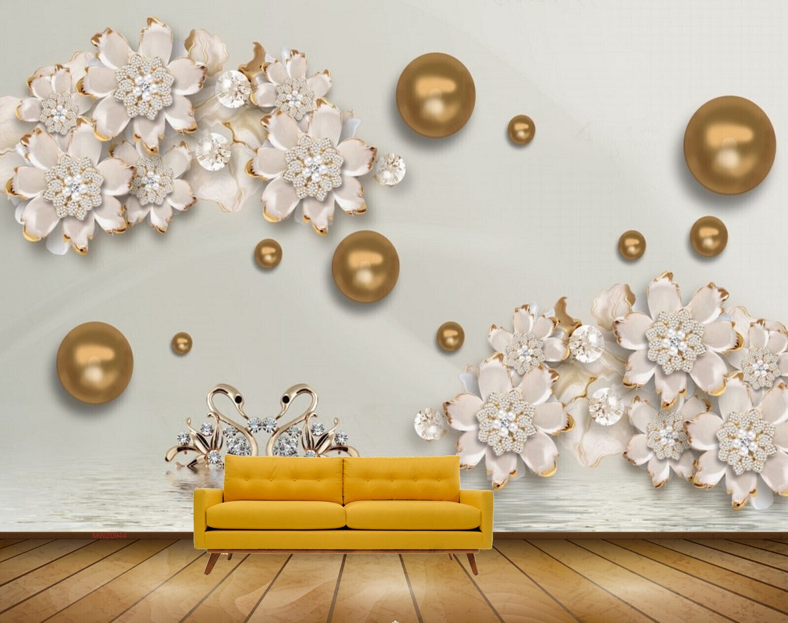 Avikalp MWZ0944 White Golden Flowers Pearls 3D HD Wallpaper