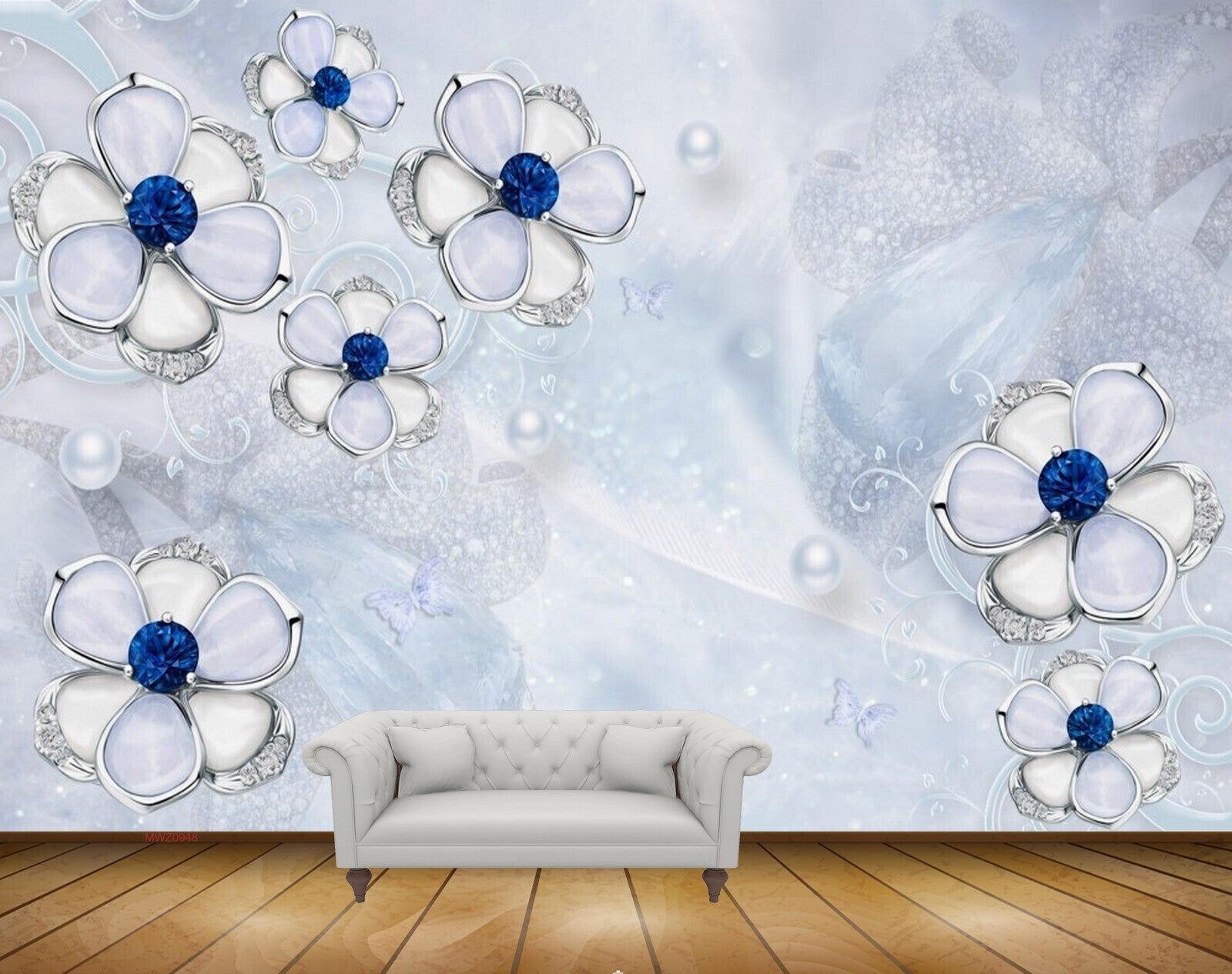 Avikalp MWZ0948 White Blue Flowers Butterflies HD Wallpaper