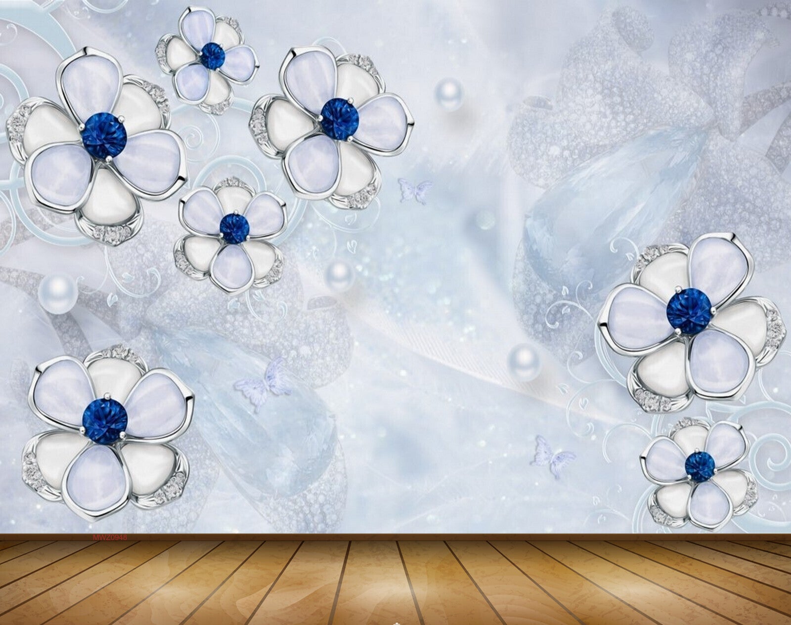 Avikalp MWZ0948 White Blue Flowers Butterflies 3D HD Wallpaper