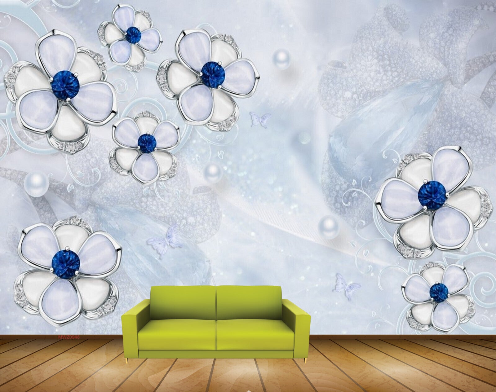 Avikalp MWZ0948 White Blue Flowers Butterflies 3D HD Wallpaper
