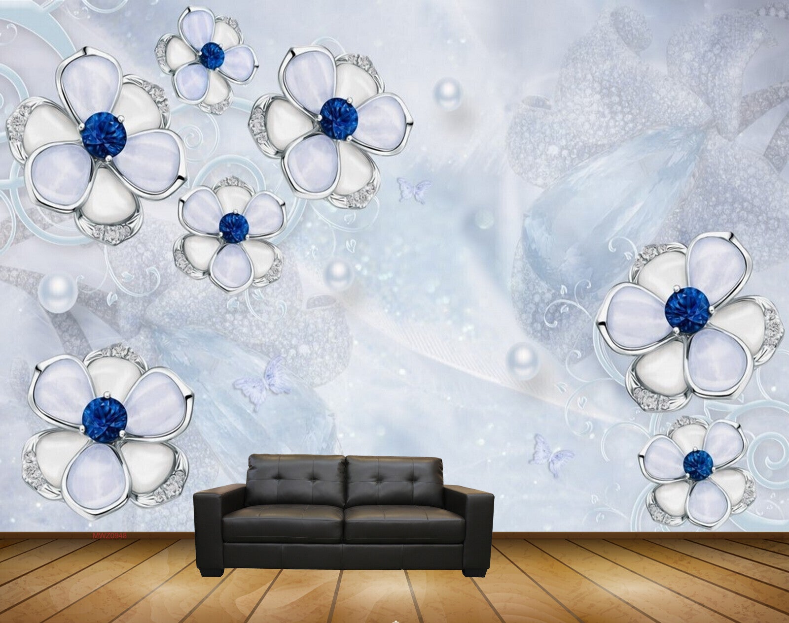 Avikalp MWZ0948 White Blue Flowers Butterflies 3D HD Wallpaper