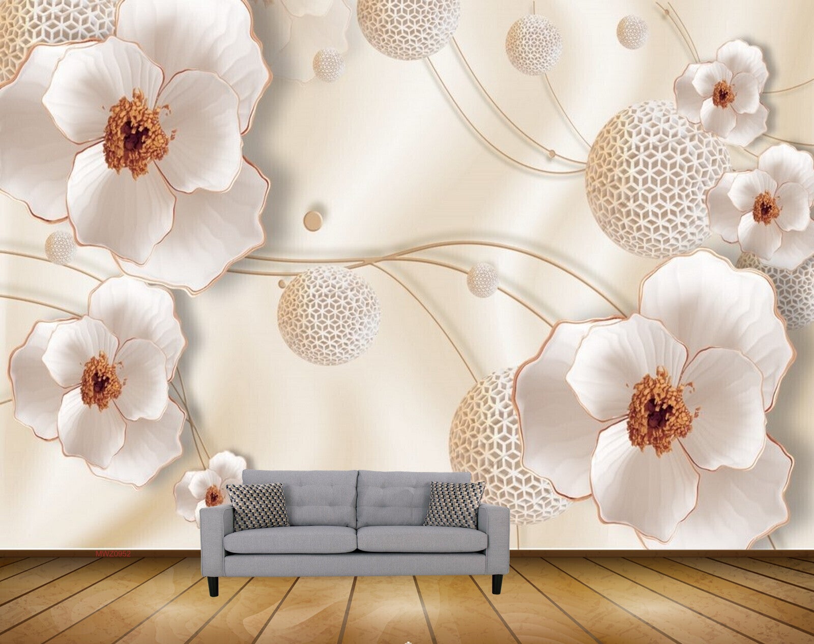 Avikalp MWZ0952 White Golden Flowers 3D HD Wallpaper