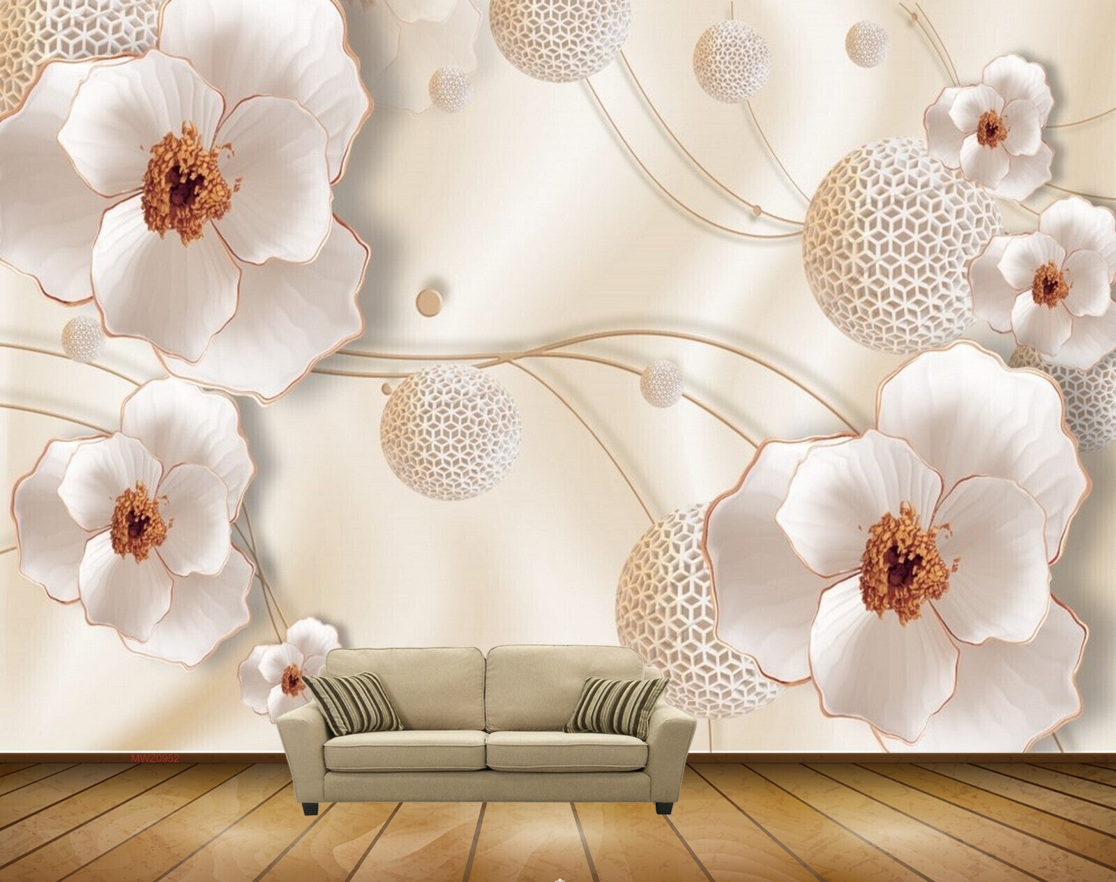 Avikalp MWZ0952 White Golden Flowers 3D HD Wallpaper