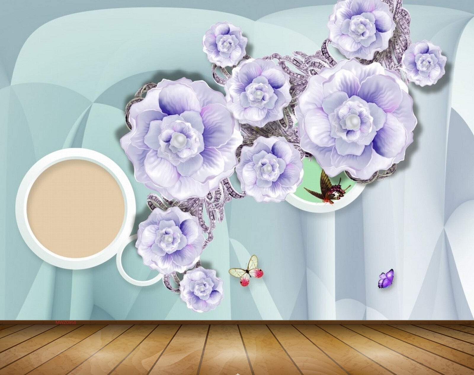 Avikalp MWZ0958 White Purple Flowers Butterflies 3D HD Wallpaper