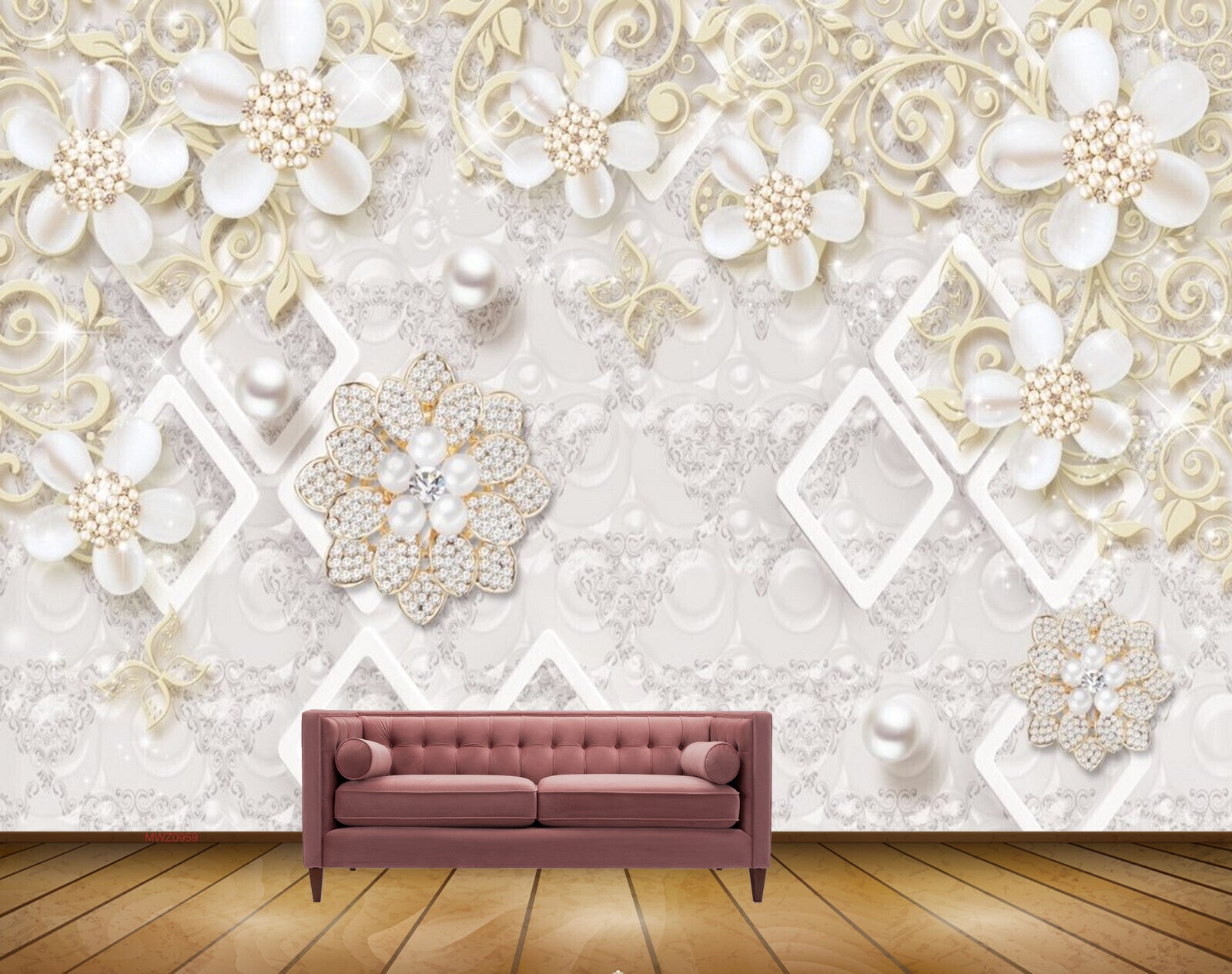 Avikalp MWZ0959 White Golden Flowers Butterflies HD Wallpaper