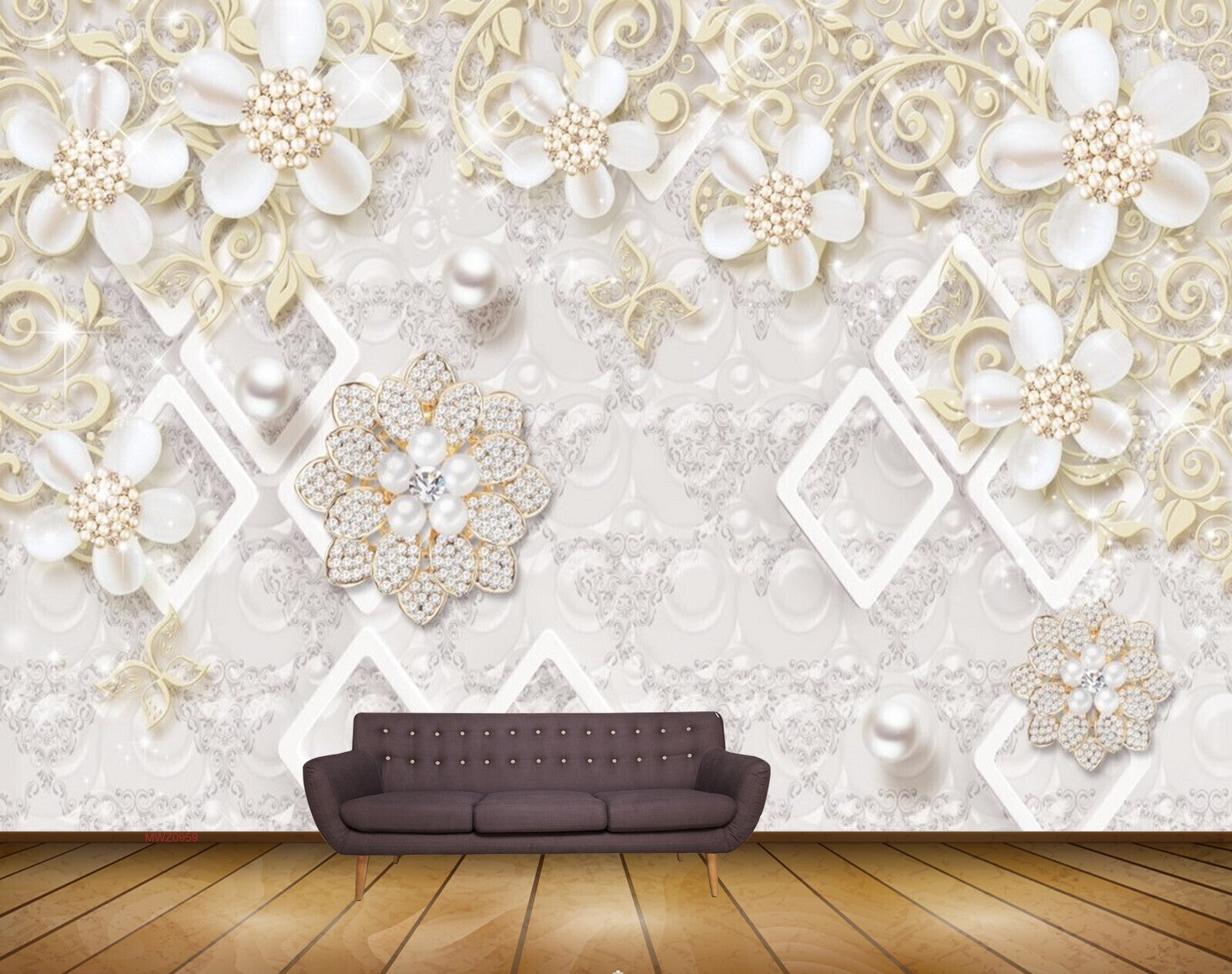 Avikalp MWZ0959 White Golden Flowers Butterflies 3D HD Wallpaper