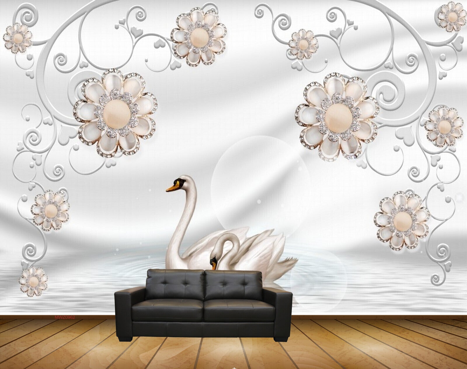 Avikalp MWZ0962 White Peach Flowers Cranes HD Wallpaper