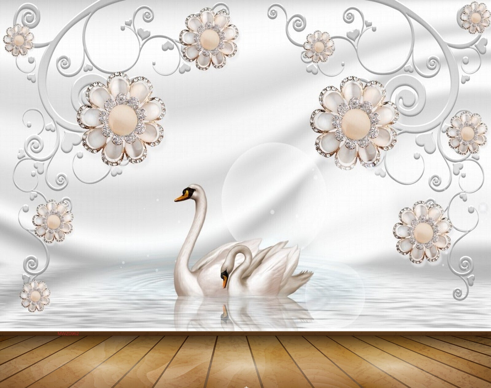 Avikalp MWZ0962 White Peach Flowers Cranes 3D HD Wallpaper