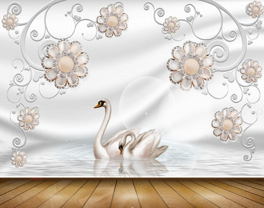 Avikalp MWZ0962 White Peach Flowers Cranes 3D HD Wallpaper