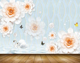 Avikalp MWZ0963 White Orange Flowers Butterflies Swans 3D HD Wallpaper