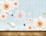 Avikalp MWZ0963 White Orange Flowers Butterflies Swans 3D HD Wallpaper