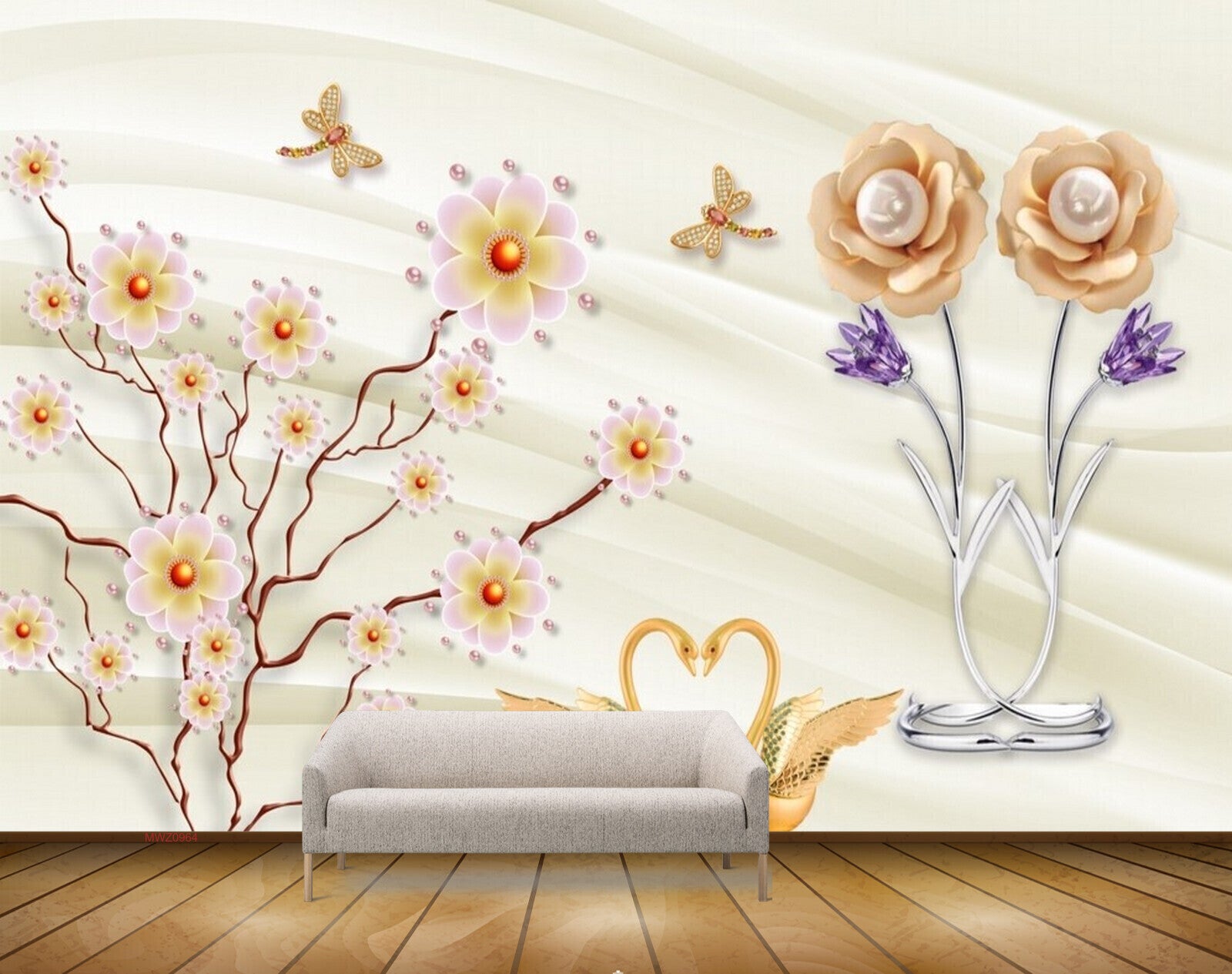 Avikalp MWZ0964 White Flowers Cranes Flies HD Wallpaper