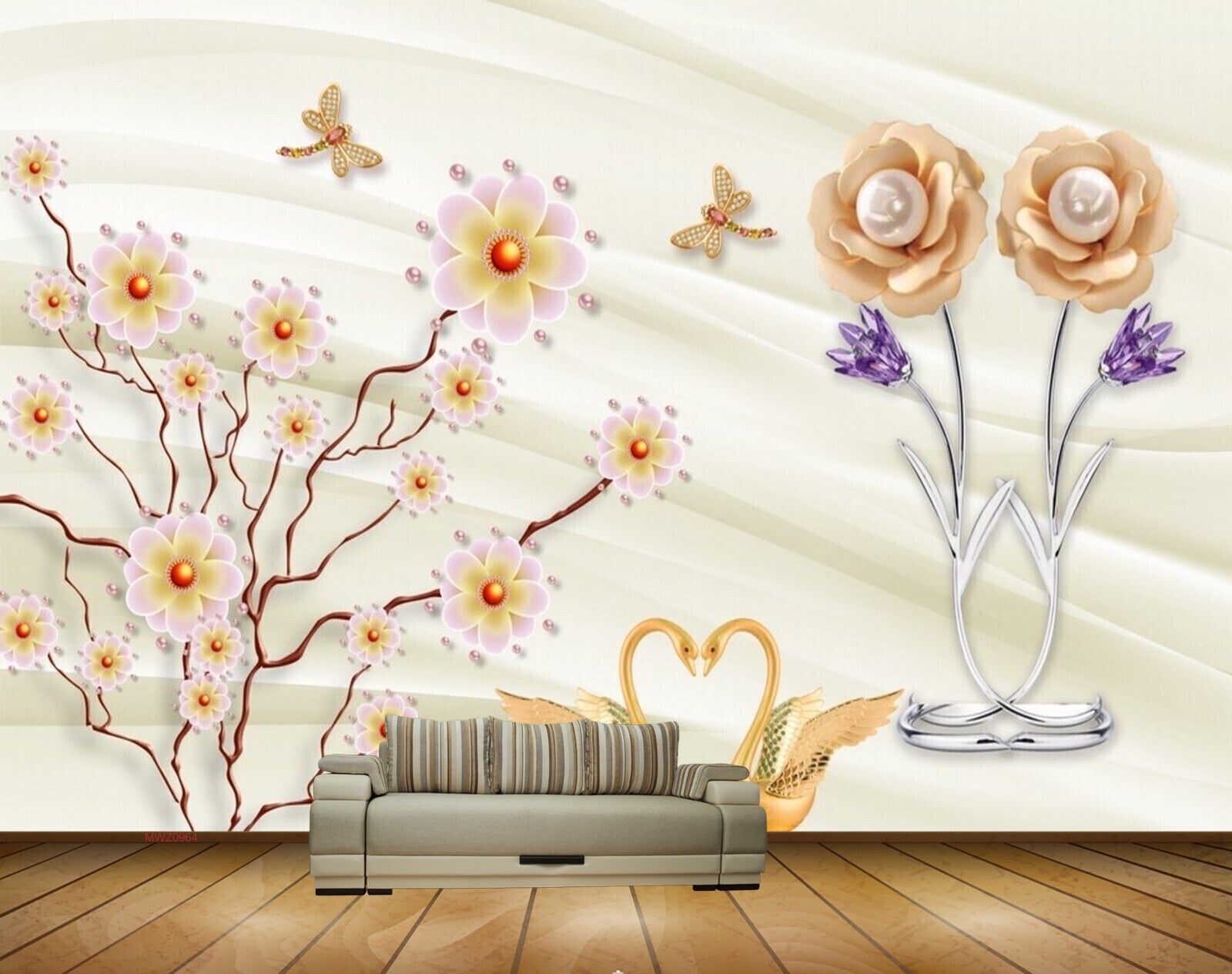 Avikalp MWZ0964 White Flowers Cranes Flies 3D HD Wallpaper