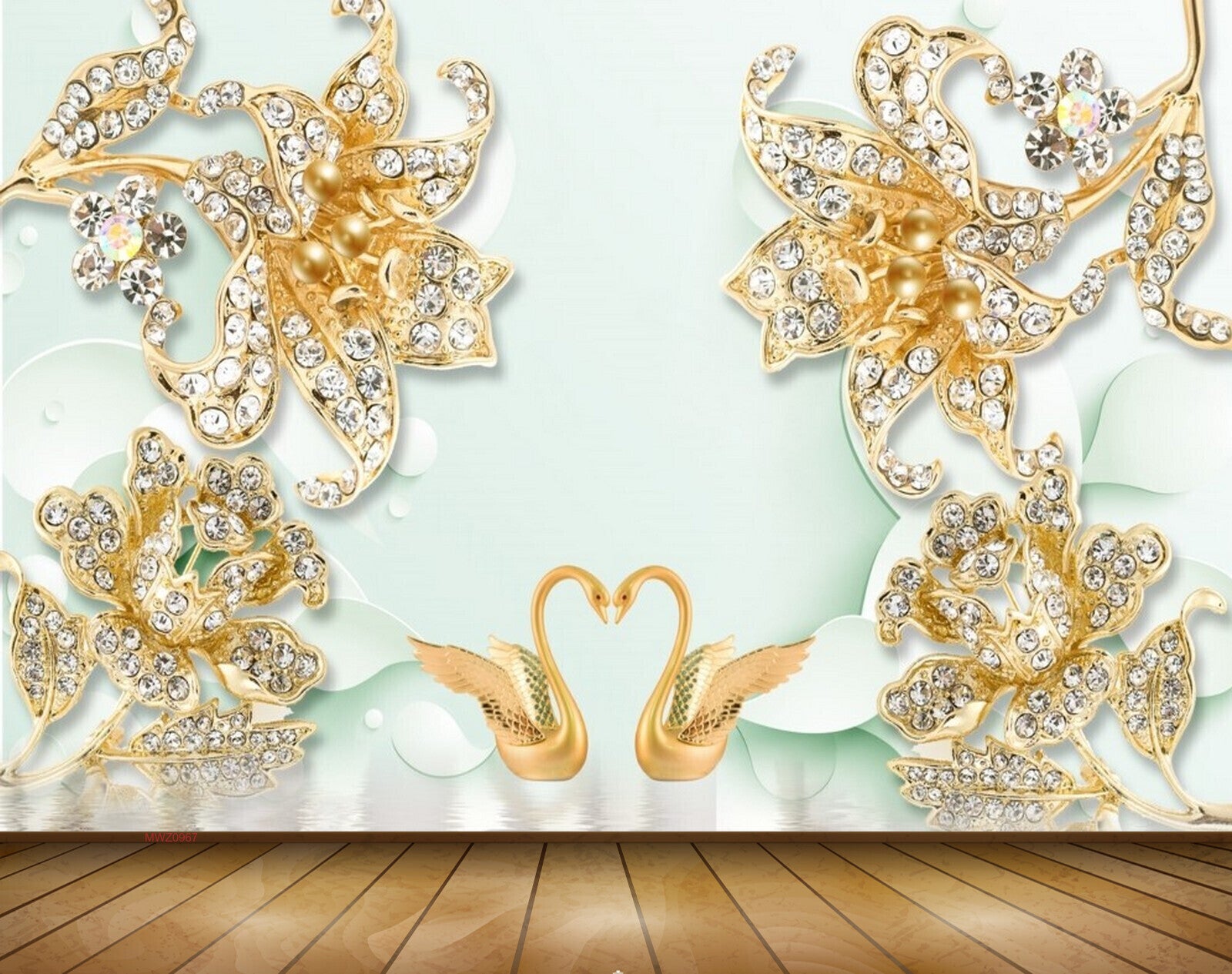 Avikalp MWZ0967 Golden Flowers Swans 3D HD Wallpaper