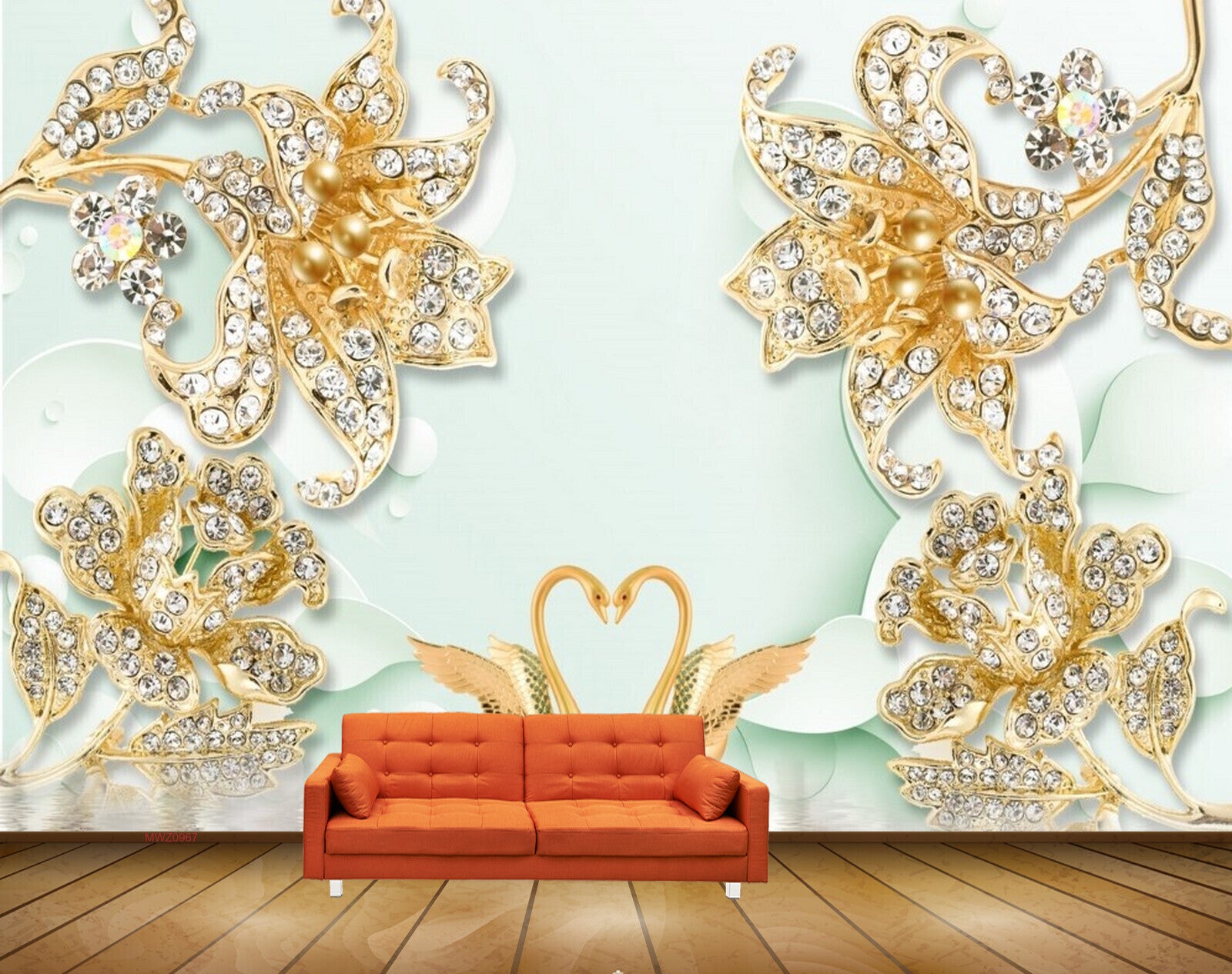 Avikalp MWZ0967 Golden Flowers Swans 3D HD Wallpaper