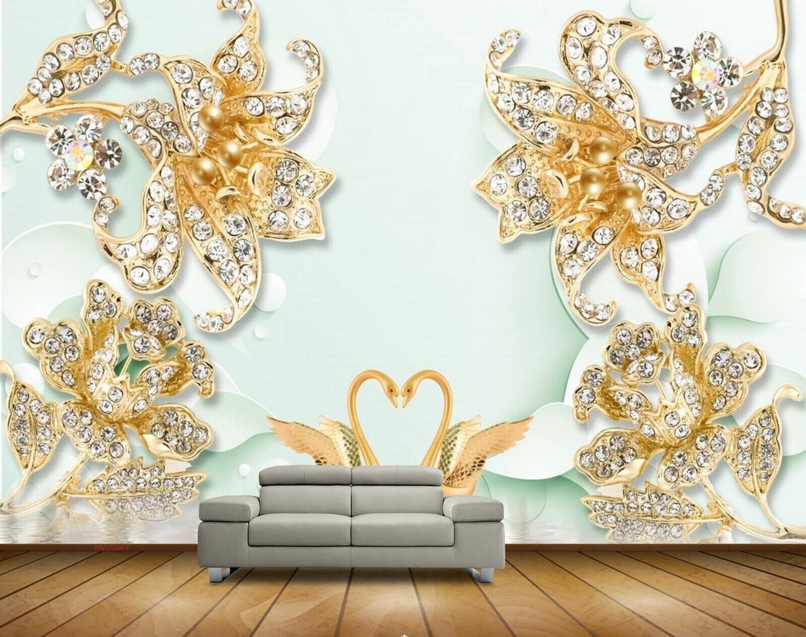 Avikalp MWZ0967 Golden Flowers Swans 3D HD Wallpaper